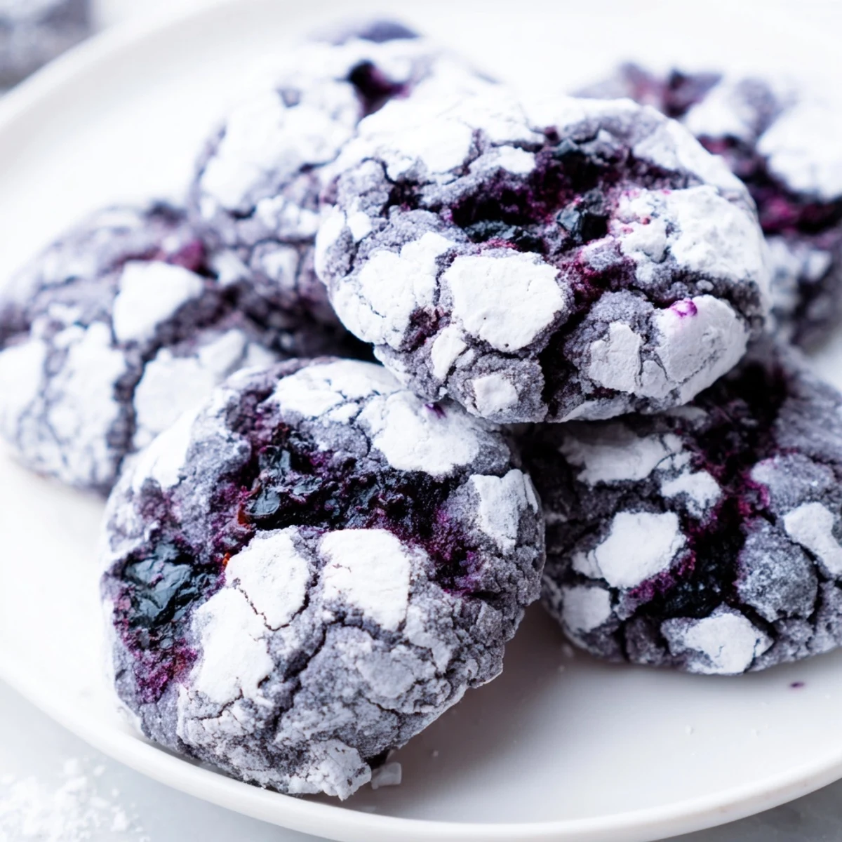 Fresh baked blueberry crinkle cookies with purple streaks and sweet powdered sugar finish