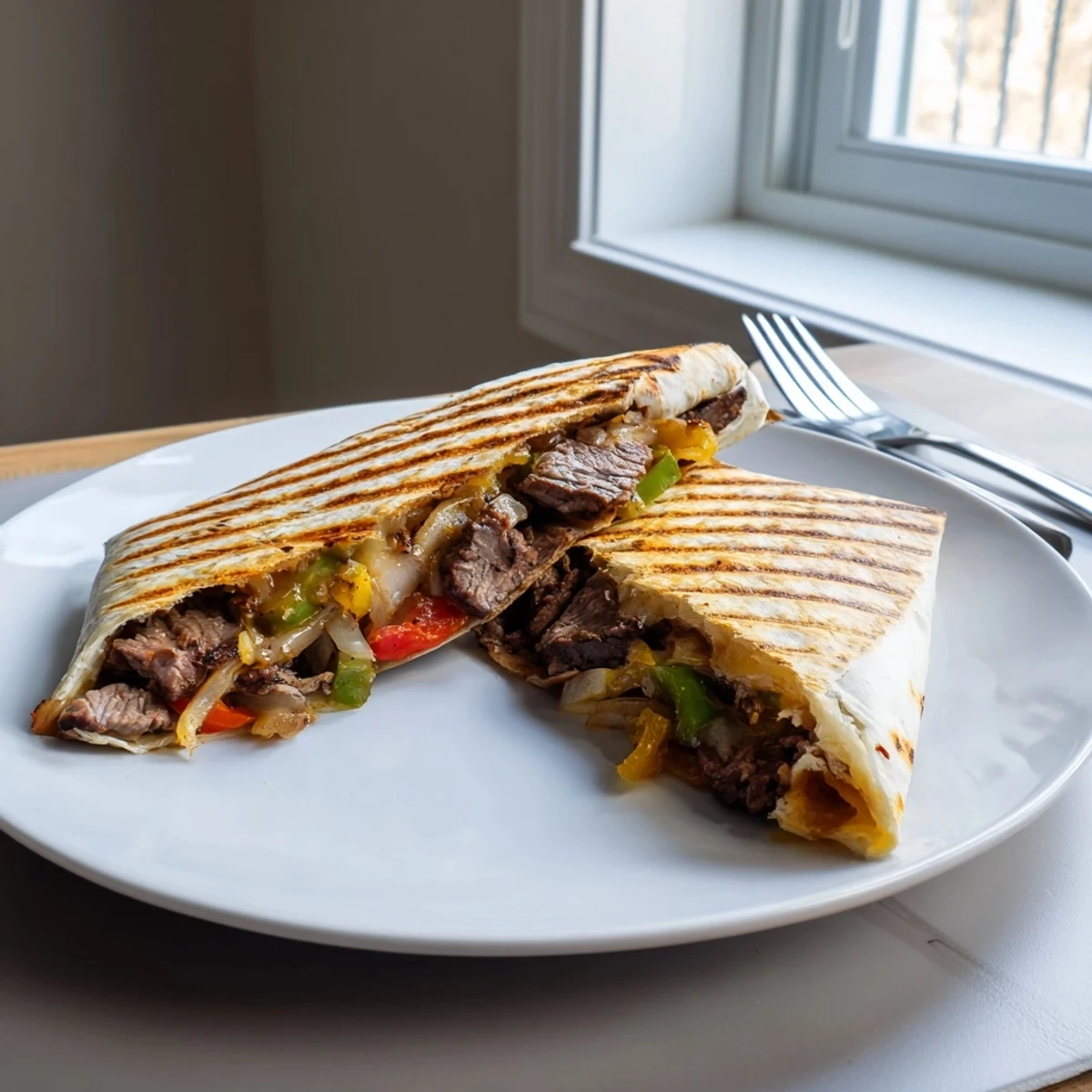 Golden crispy Philly cheesesteak grilled wraps with melted provolone and sautéed peppers