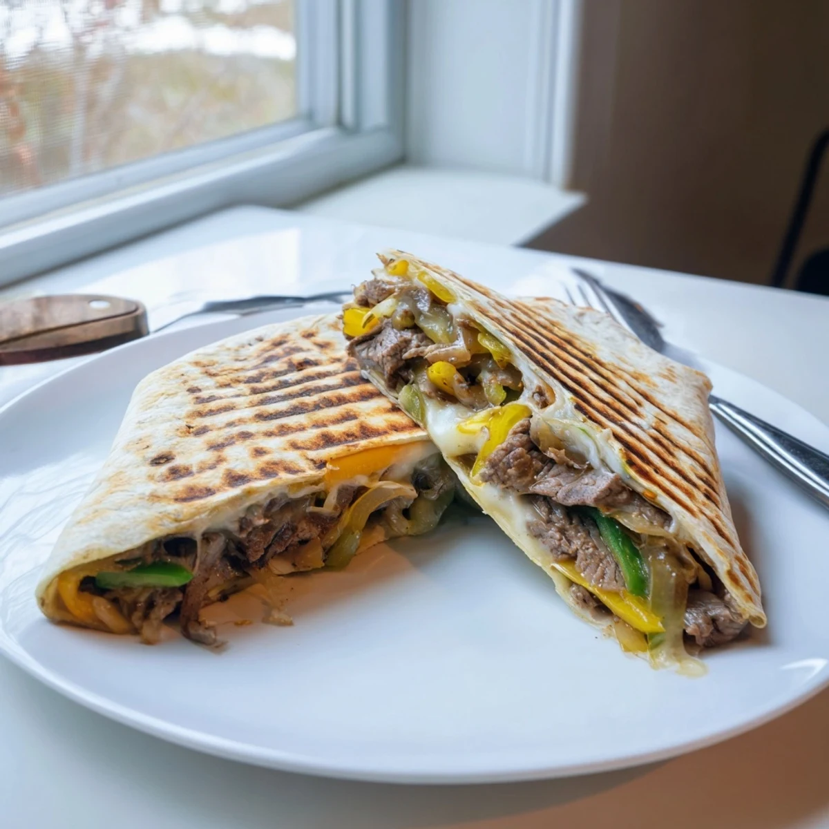 Philly cheesesteak grilled wraps sliced open showing tender steak and gooey cheese