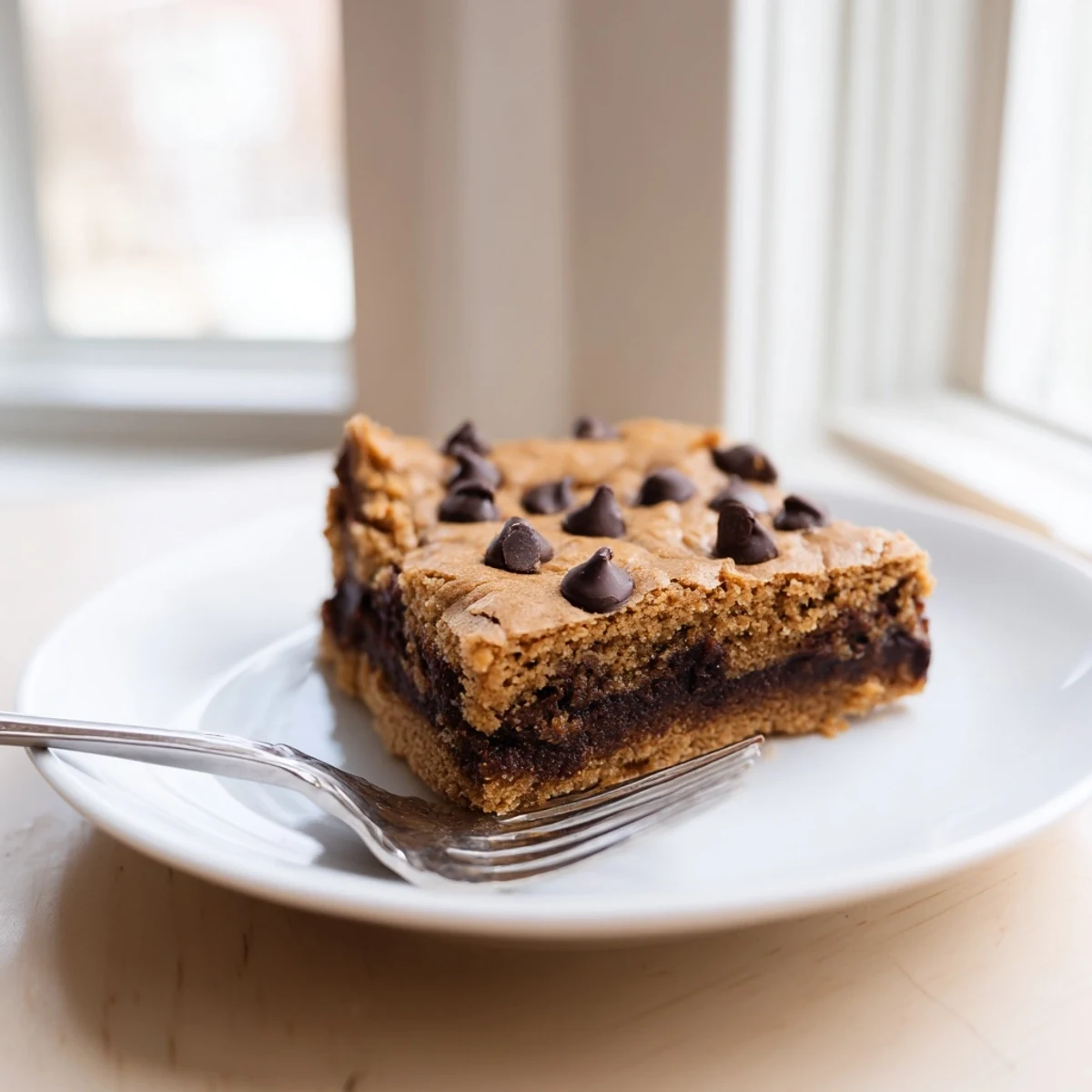 Golden vegan brookies layered with fudgy brownie and chewy cookie studded with chocolate chips