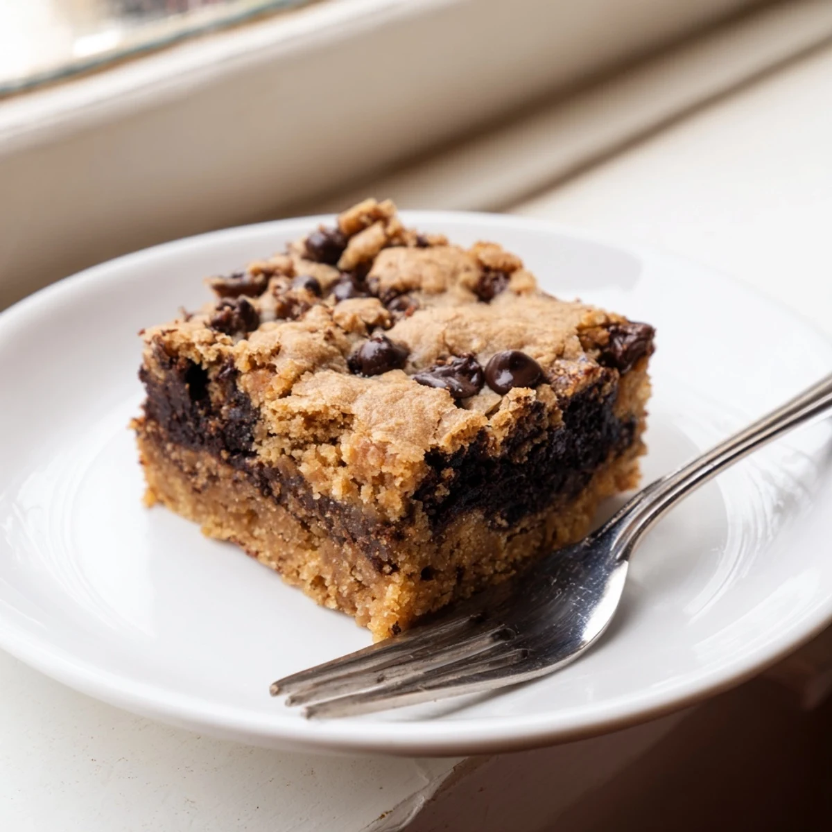 Decadent double layer vegan brookies cut into rich chocolate squares on rustic wooden board