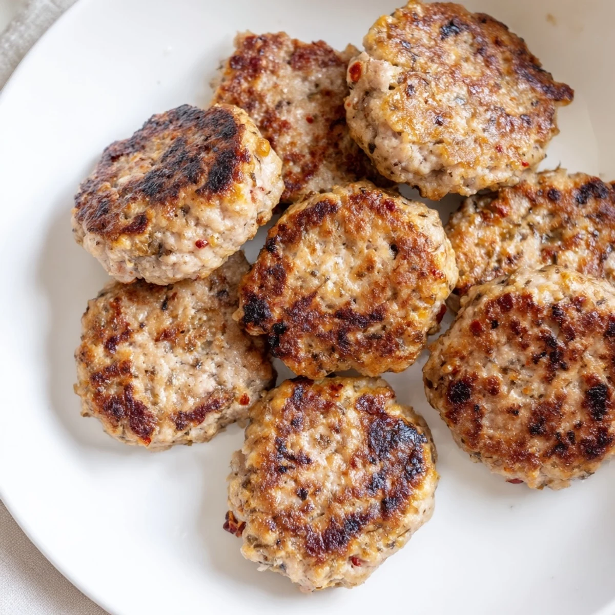 Golden brown ground turkey sausage patties sizzling in a cast iron skillet