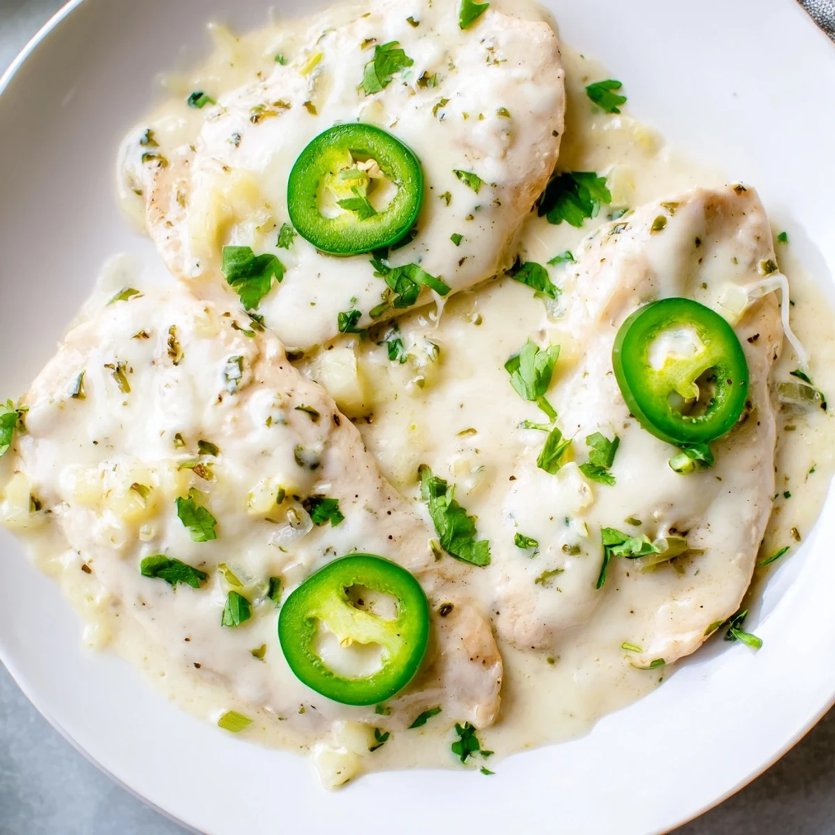 Creamy jalapeno chicken in golden skillet with melted cheese sauce and fresh cilantro