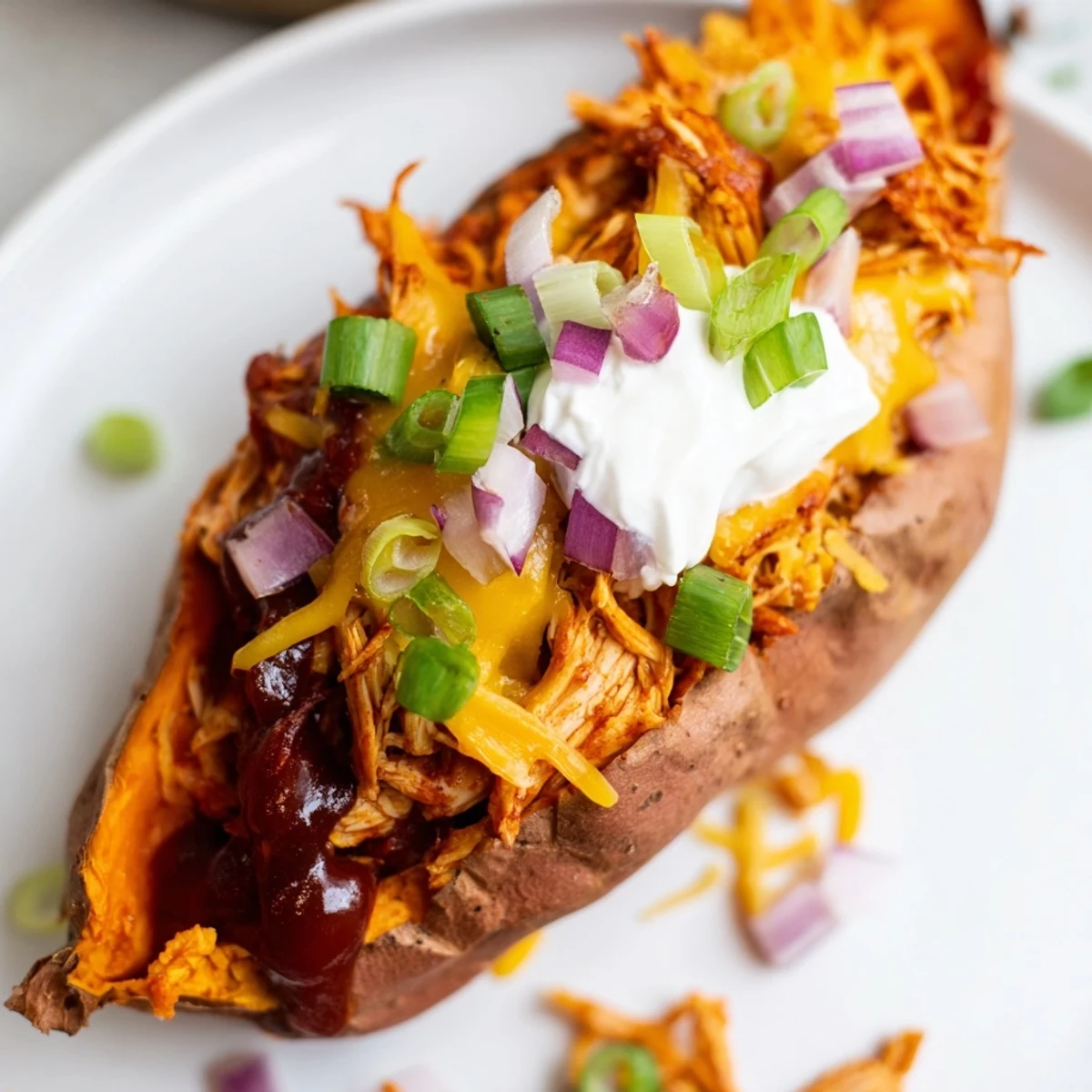 BBQ chicken stuffed sweet potatoes topped with sour cream and fresh green onions