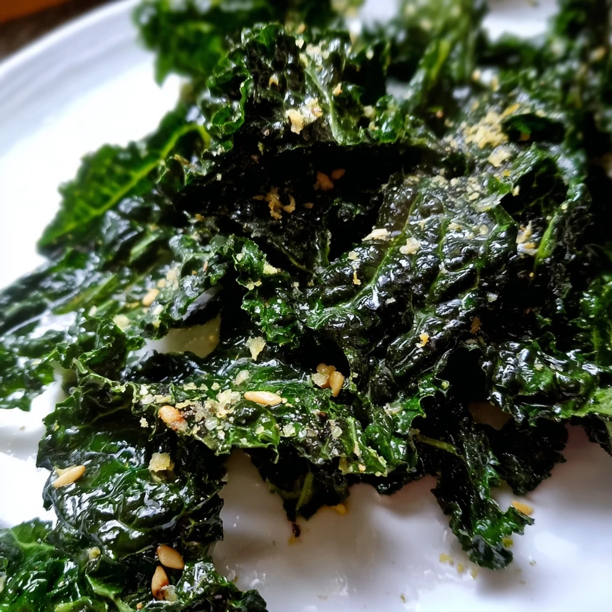 Massaged kale leaves glistening with zesty garlic lemon Parmesan dressing and pine nuts