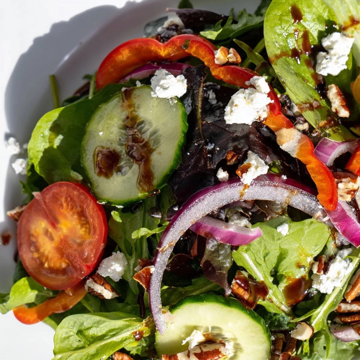 A colorful spring mix salad with cherry tomatoes, cucumber, and crumbled feta on a rustic wooden table
