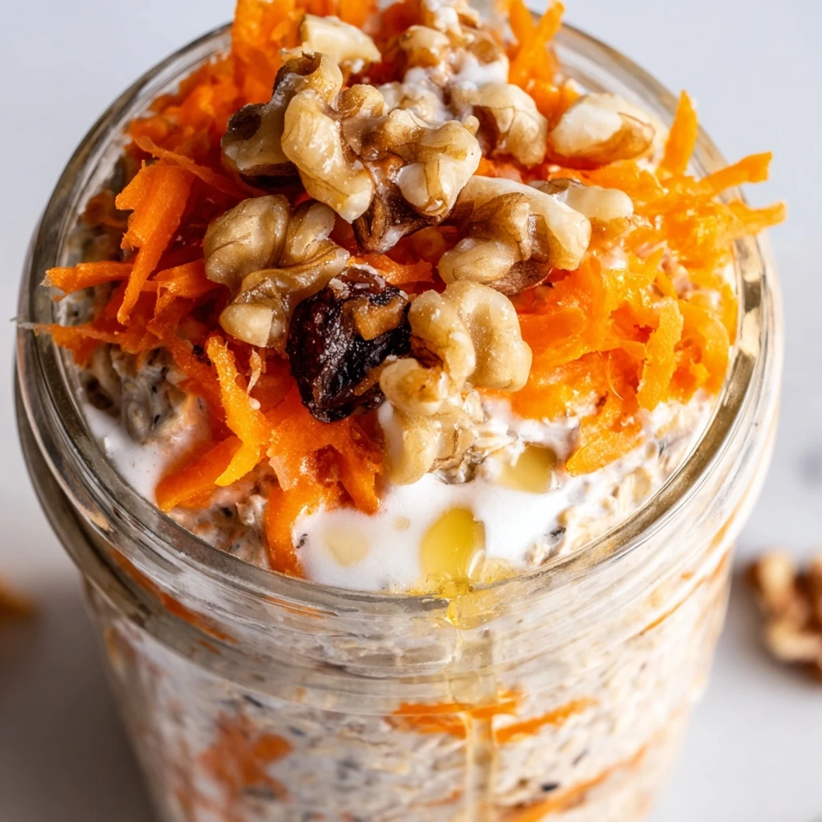 Creamy carrot cake overnight oats topped with crunchy walnuts and a sprinkle of cinnamon