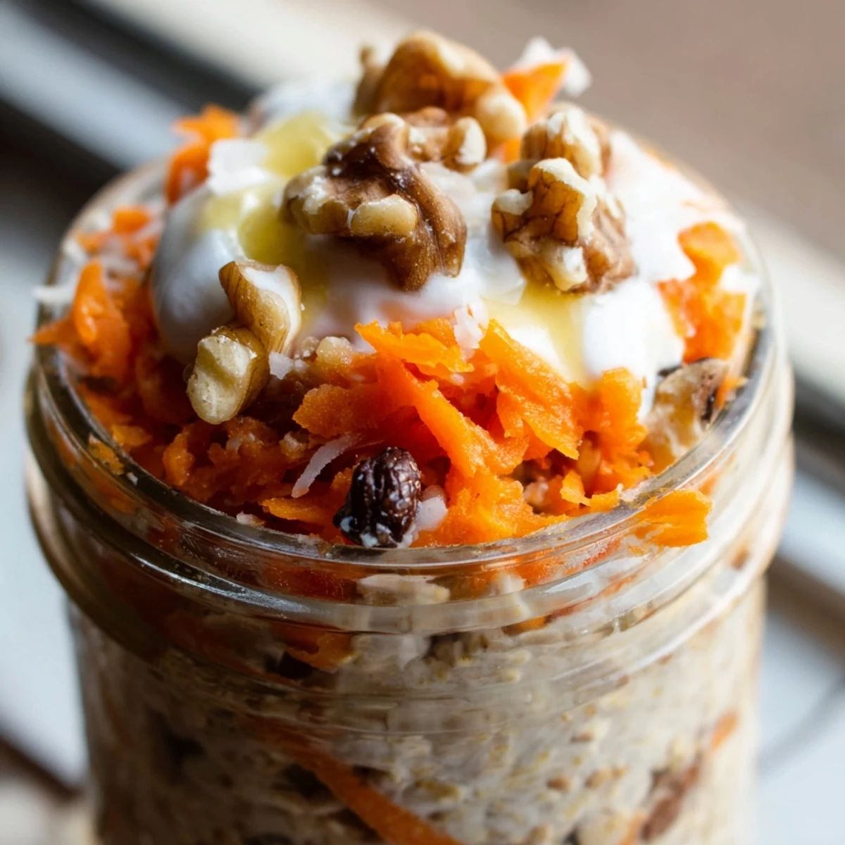 Carrot cake overnight oats in a glass jar with layers of spiced oats and raisins