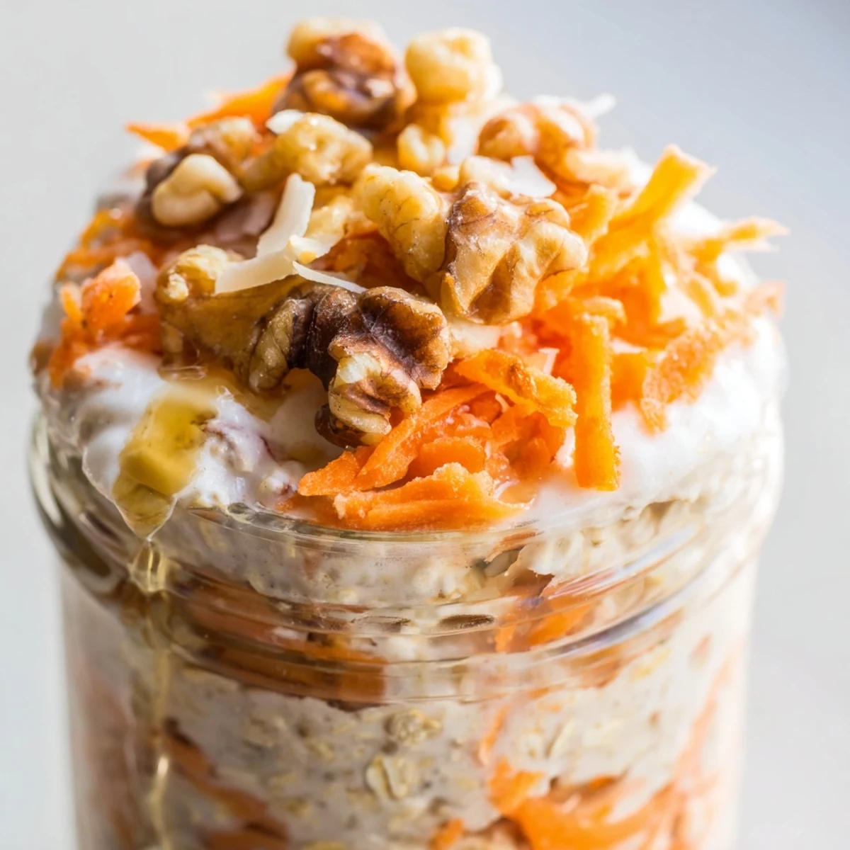 Spoonful of carrot cake overnight oats showing thick creamy texture topped with fresh grated carrots