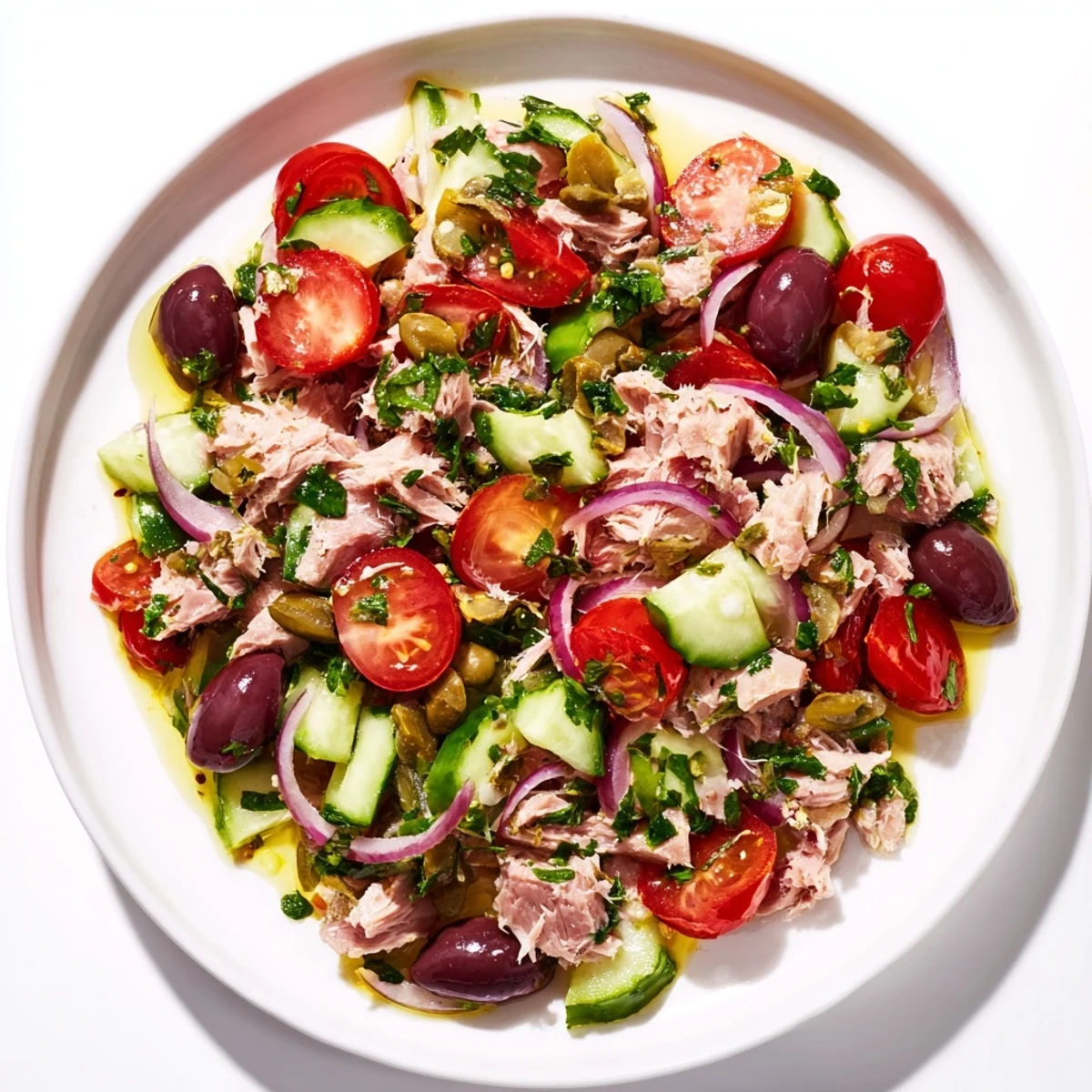 Simple Mediterranean Tuna Salad topped with olives, tomatoes, and bright lemon dressing