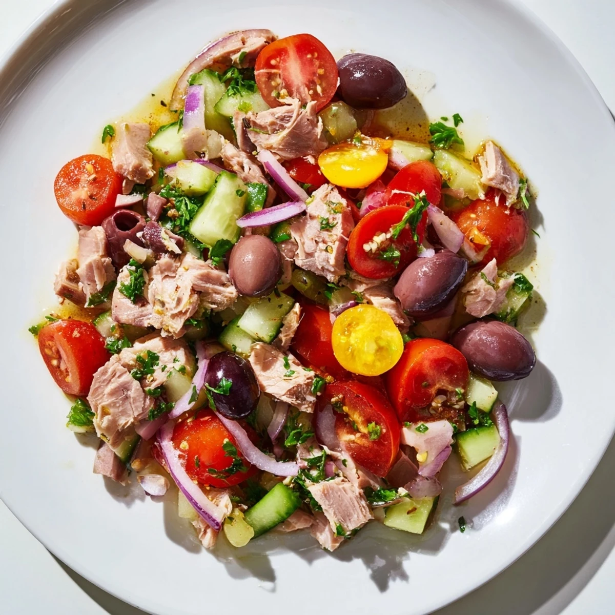 Simple Mediterranean Tuna Salad served in a bowl with crisp cucumbers and peppers