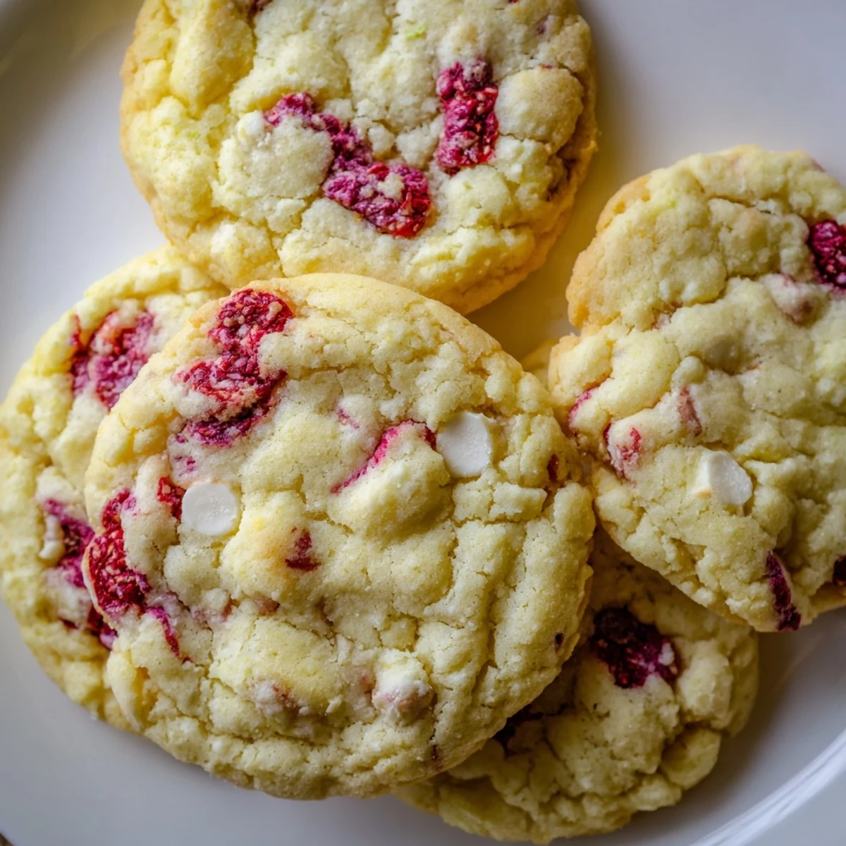 Golden lemon raspberry cookies with jammy berry bits on a rustic baking sheet