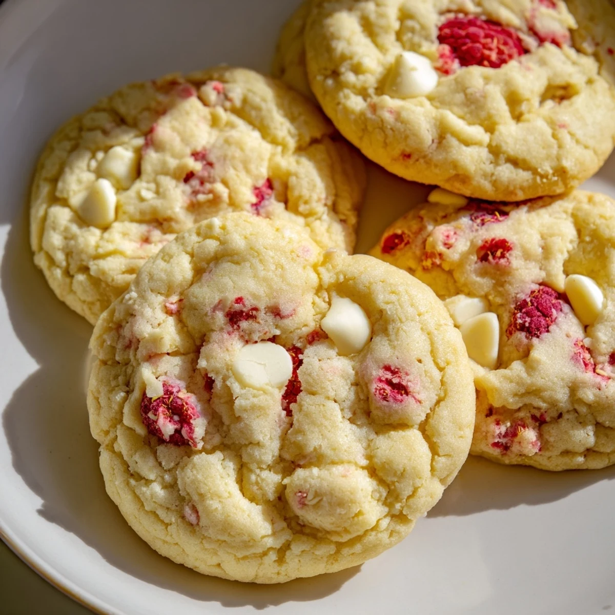 Soft chewy lemon raspberry cookies studded with white chocolate chips and zest
