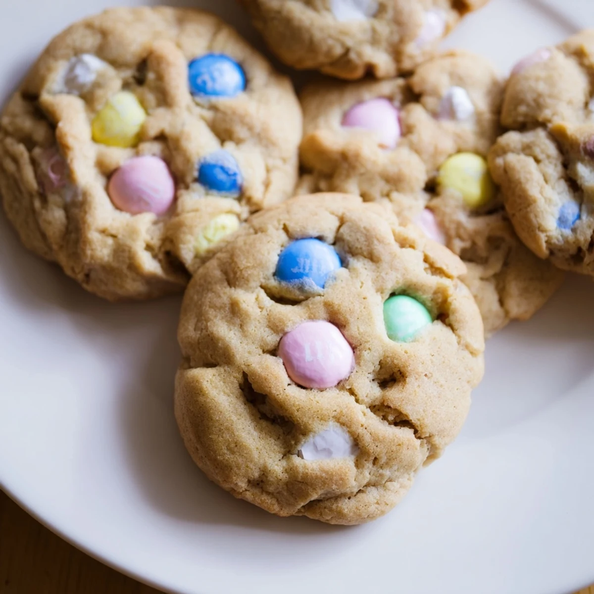 Soft chewy M&M bunny cookies with colorful pastel candies on a rustic wooden board