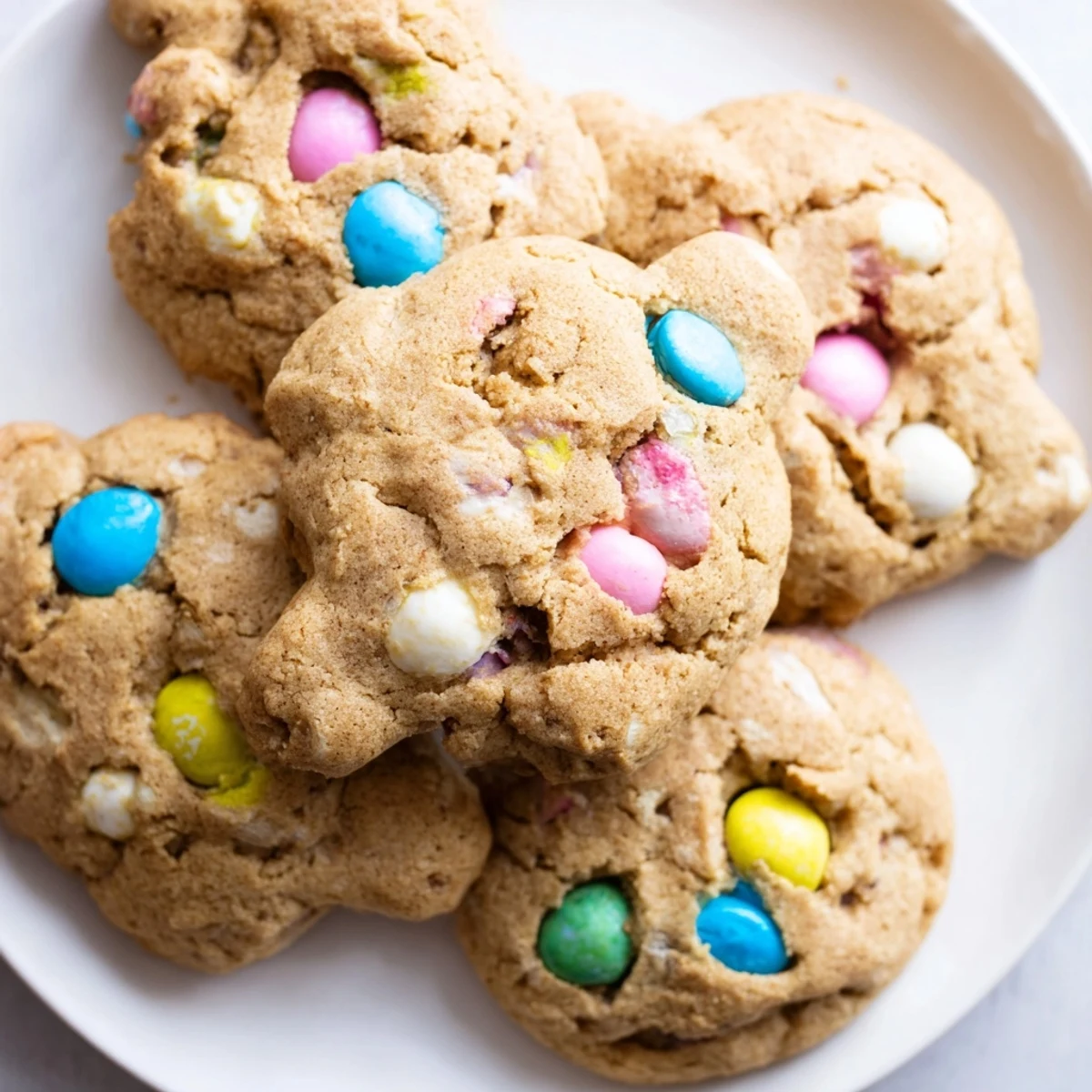 Golden brown M&M bunny cookies fresh from the oven with melty chocolate centers