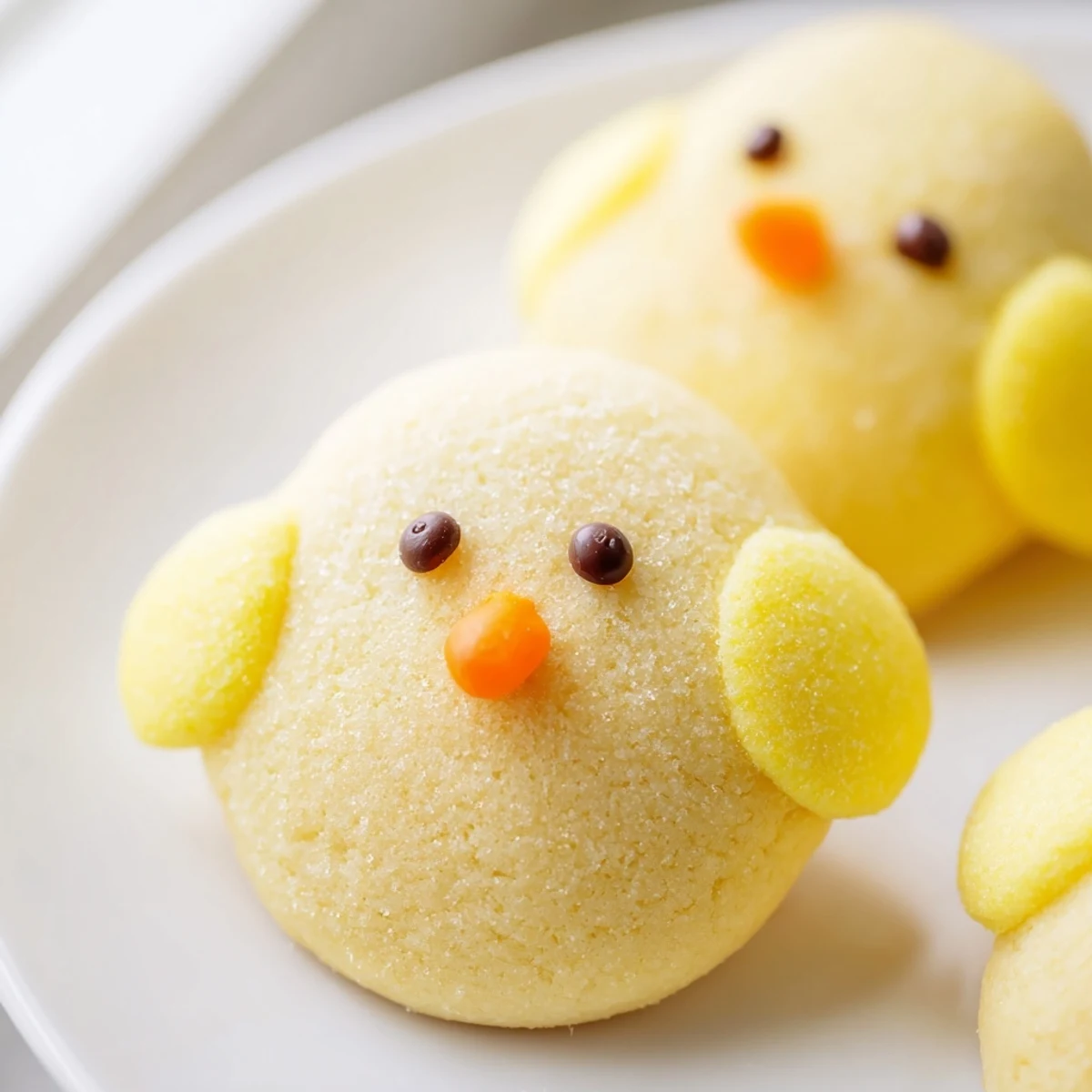 Adorable chick cookies with bright yellow frosting and cute candy faces arranged on a rustic baking sheet