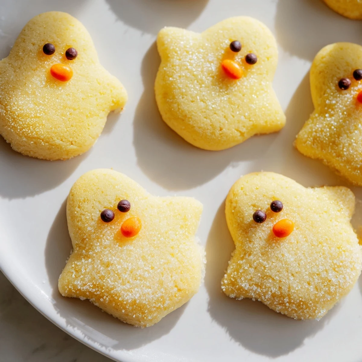 Golden chick cookies decorated with chocolate chip eyes and orange beaks ready for spring celebrations