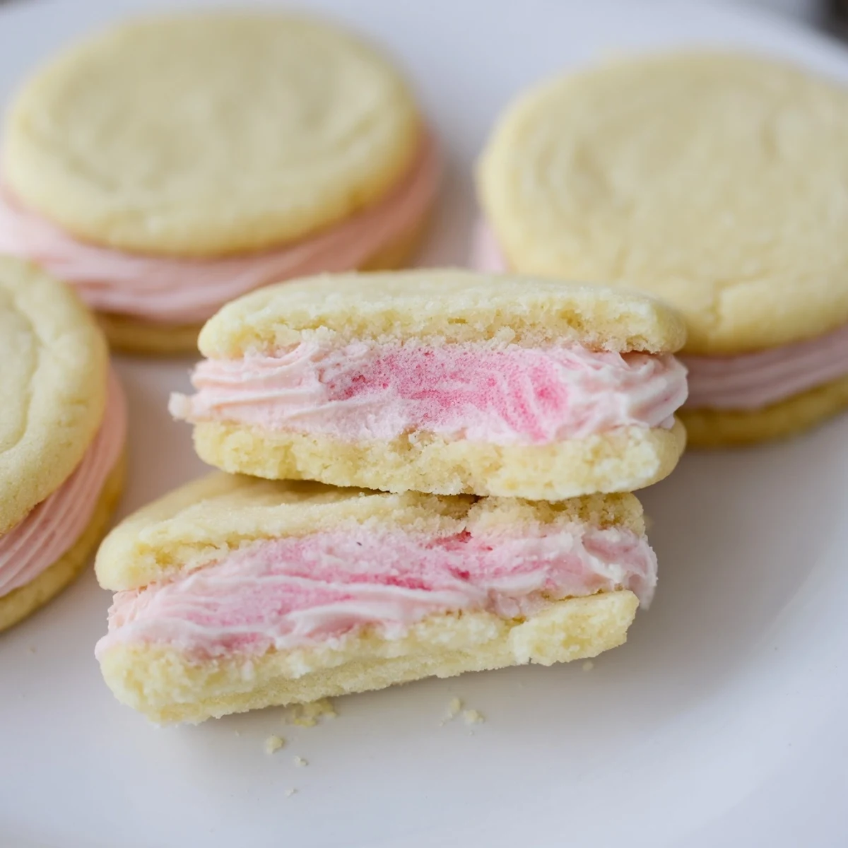 Soft pastel sugar cookie sandwiches filled with swirled buttercream frosting on a rustic white plate