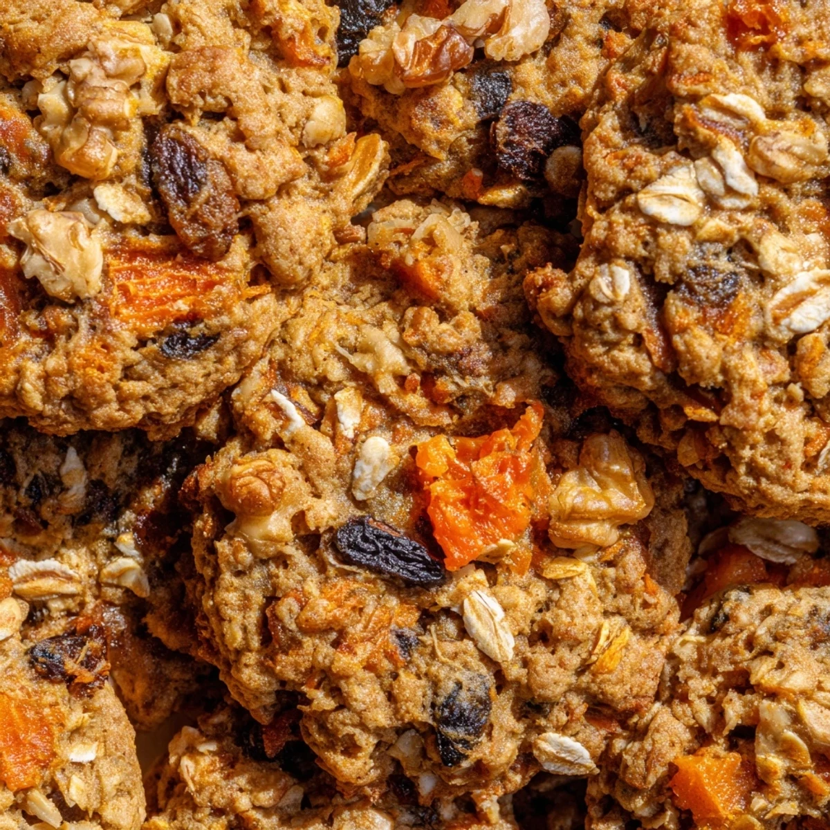 Chewy carrot cake cookies with visible shreds of carrot and chopped walnuts on a rustic baking sheet