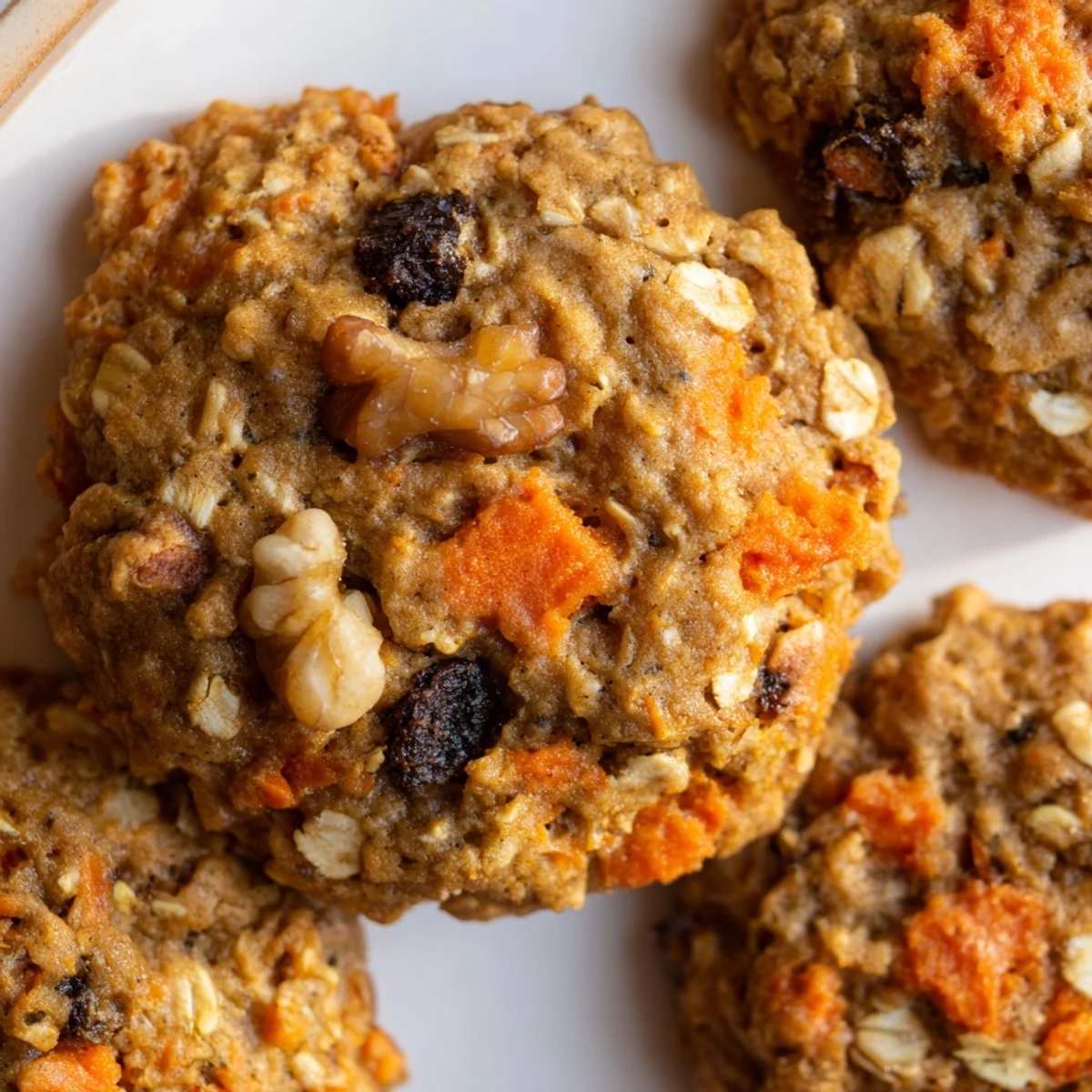 Golden brown chewy carrot cake cookies cooling on a wire rack with oats and warm spices