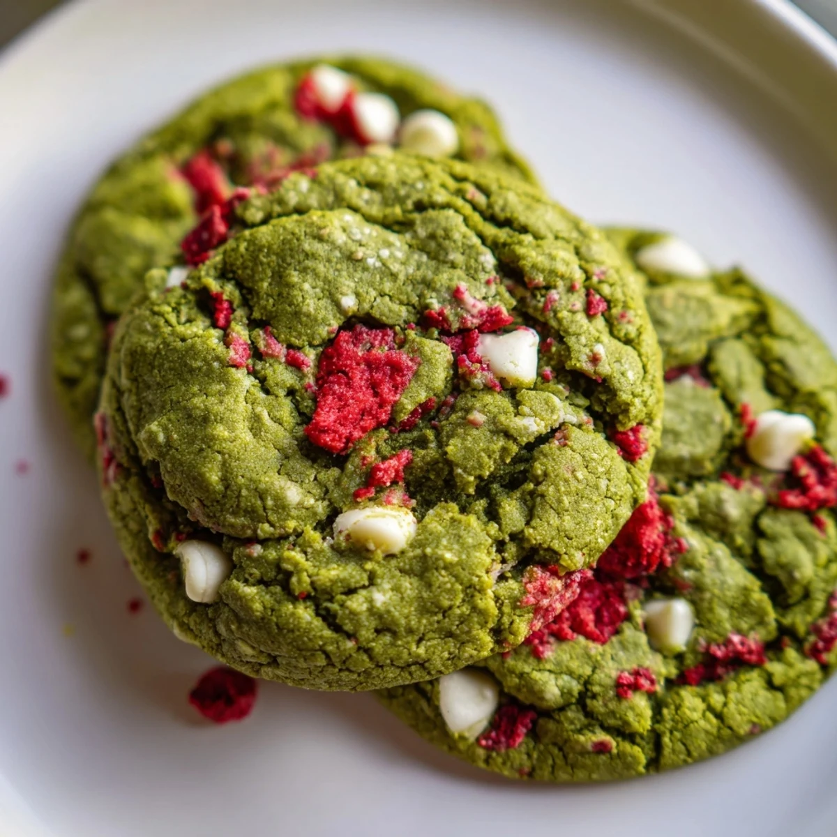 Soft strawberry matcha cookies with vibrant green color and red berry pieces on rustic baking sheet