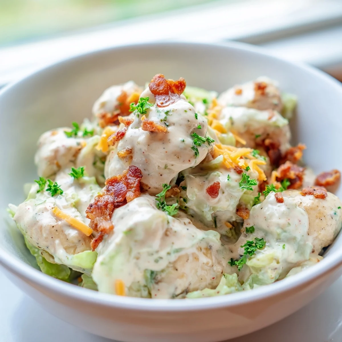 Creamy chicken bacon ranch cabbage bowls topped with crispy bacon and fresh parsley garnish