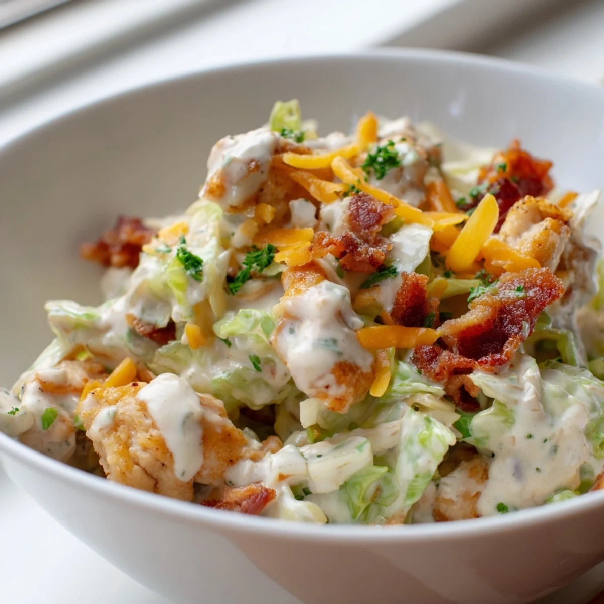 Tender chicken and crunchy cabbage coated in creamy ranch sauce in a rustic bowl