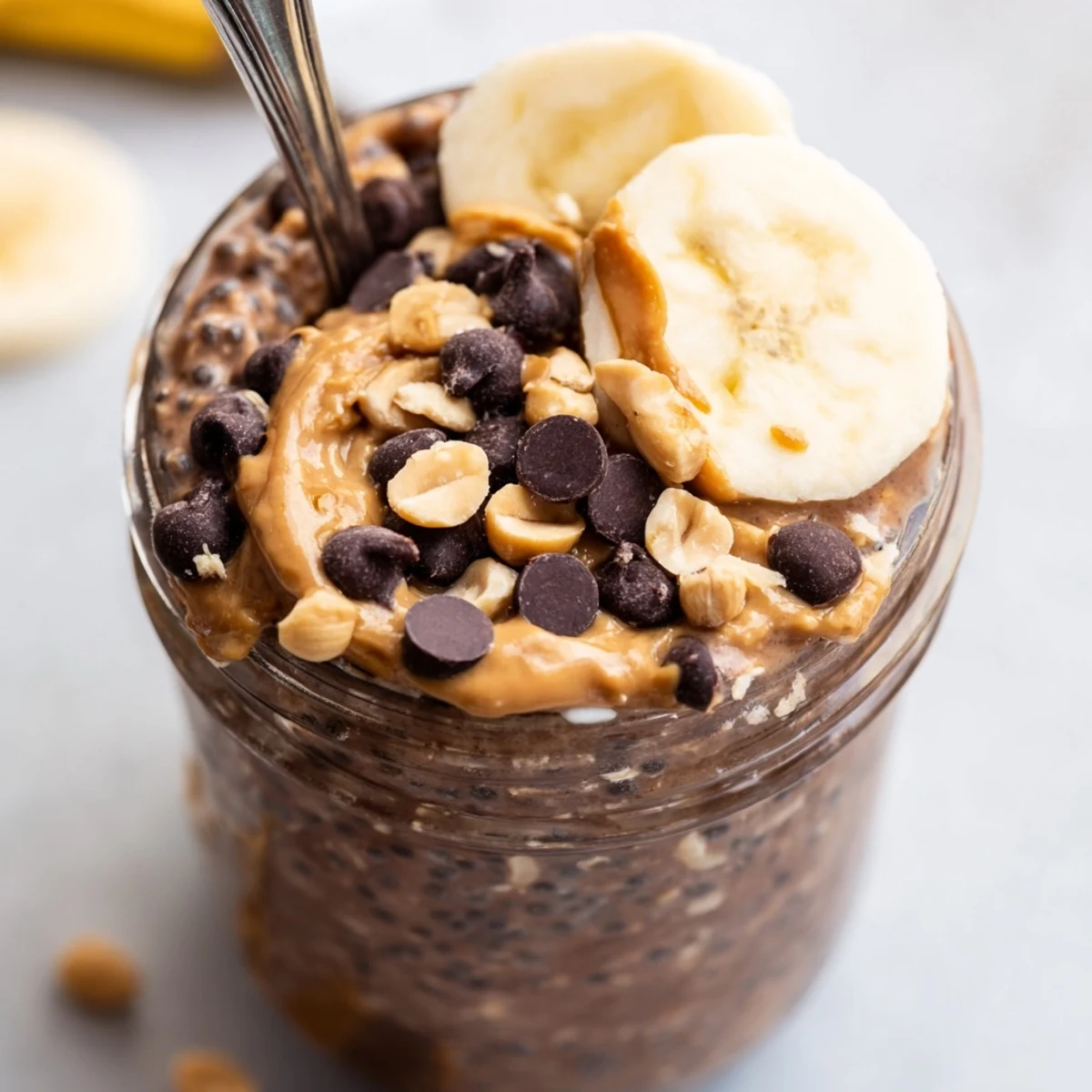 Creamy chocolate peanut butter overnight oats served in a mason jar topped with chocolate chips