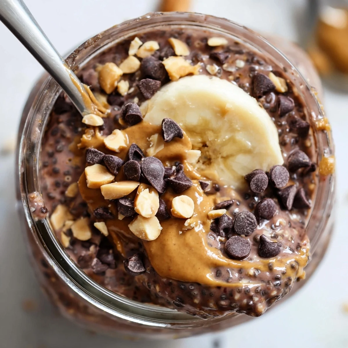 Thick chocolate peanut butter overnight oats topped with banana slices and crunchy chopped peanuts
