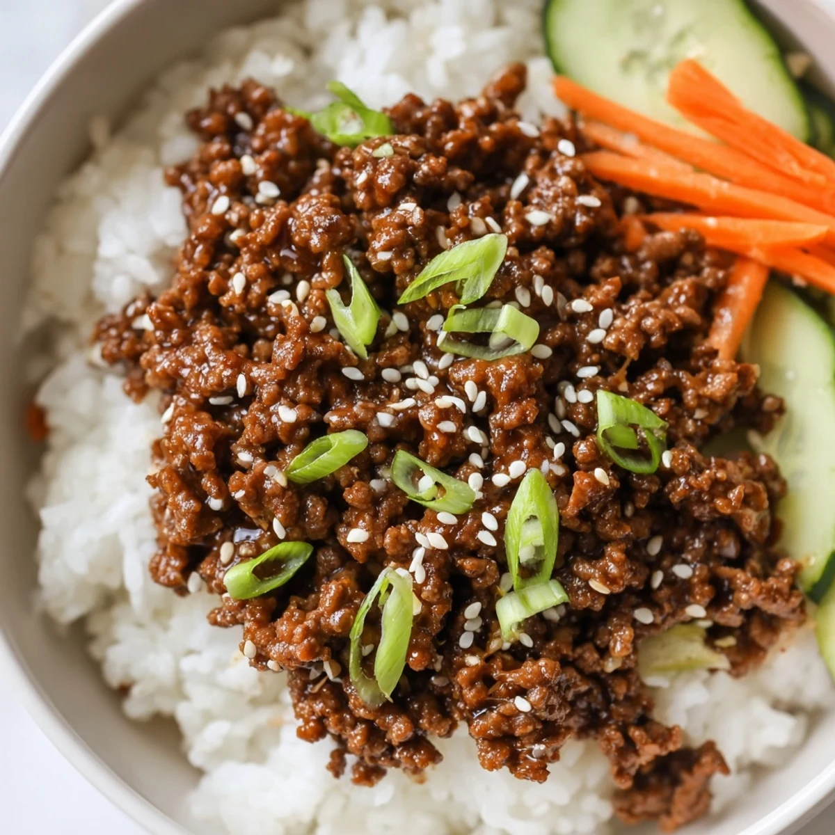 Savory Korean beef bowls with caramelized ground beef over fluffy white rice and crisp vegetables