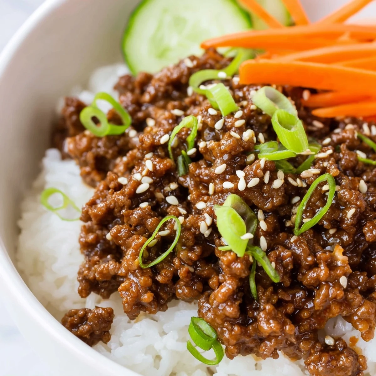 Korean beef bowls topped with fresh cucumber carrots and scallions on tender jasmine rice