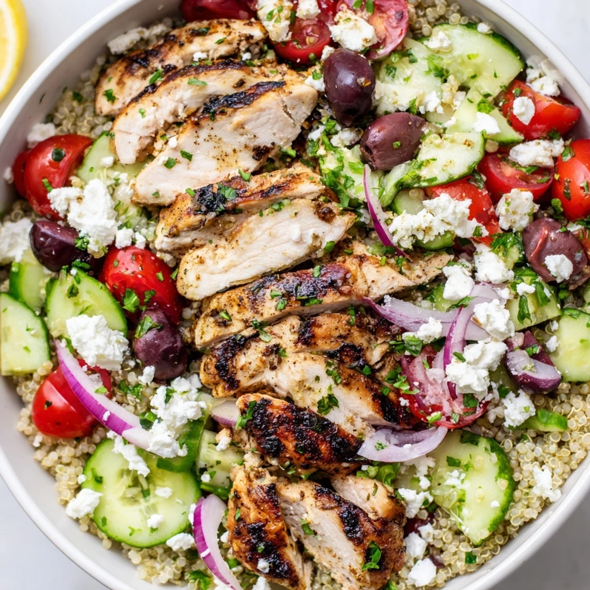 Grilled Mediterranean Chicken Quinoa Bowl topped with fresh vegetables and crumbled feta cheese