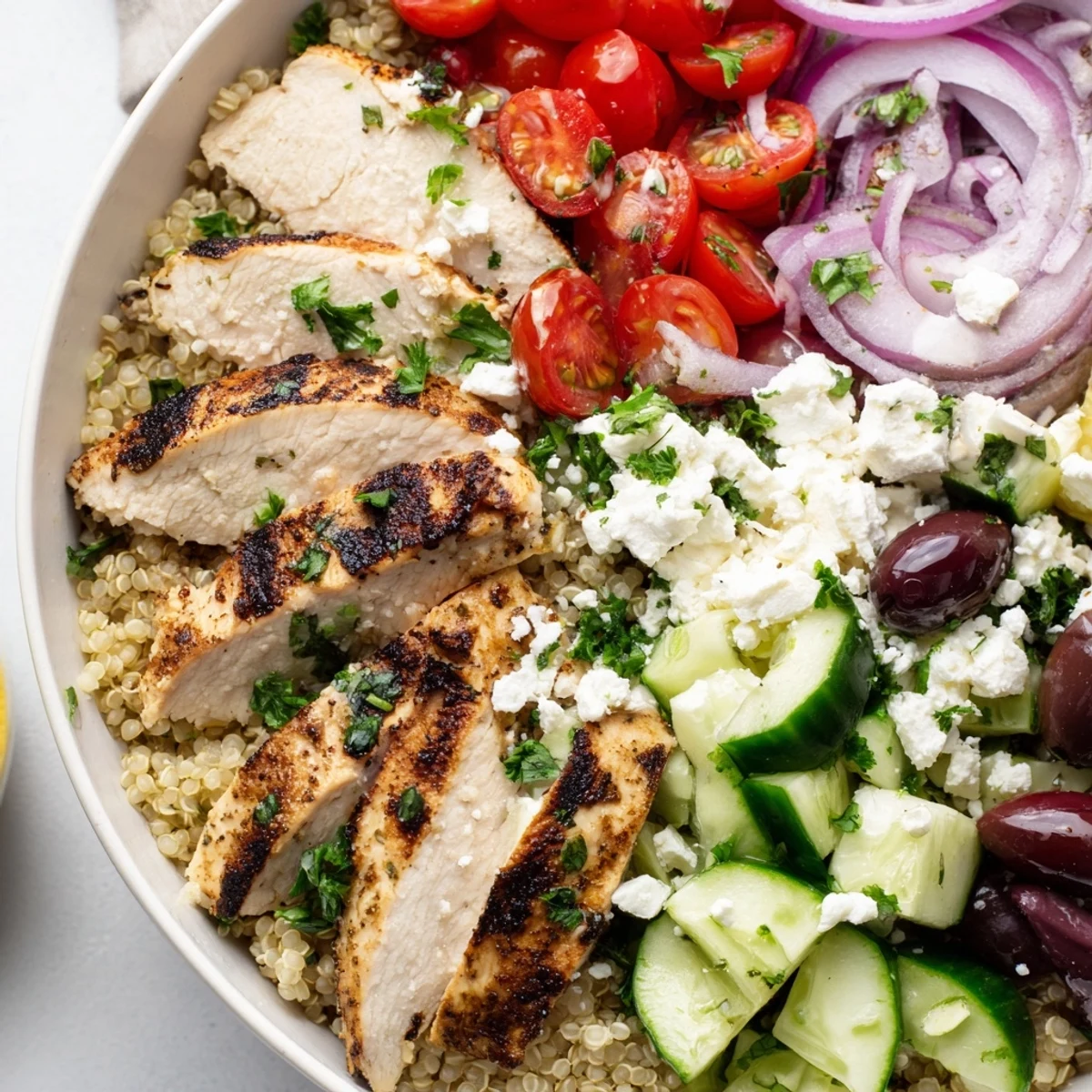 Fluffy quinoa and tender sliced chicken in a colorful Mediterranean Chicken Quinoa Bowl