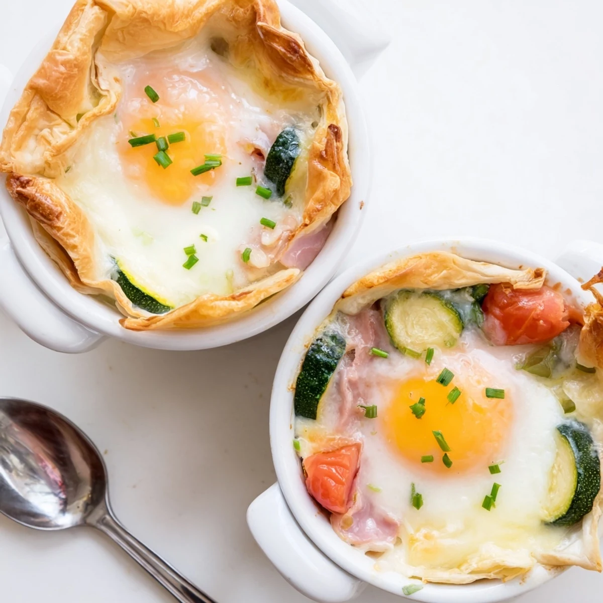 Golden baked eggs Napoleon with creamy Gruyère sauce in individual ramekins ready to serve