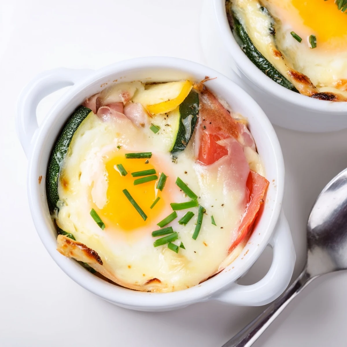 Layered baked eggs Napoleon featuring wilted spinach, sliced ham, and rich cheese sauce