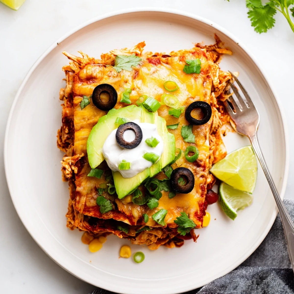 Golden melted cheese tops this Cheesy Shredded Chicken Enchilada Bake in a rustic casserole dish