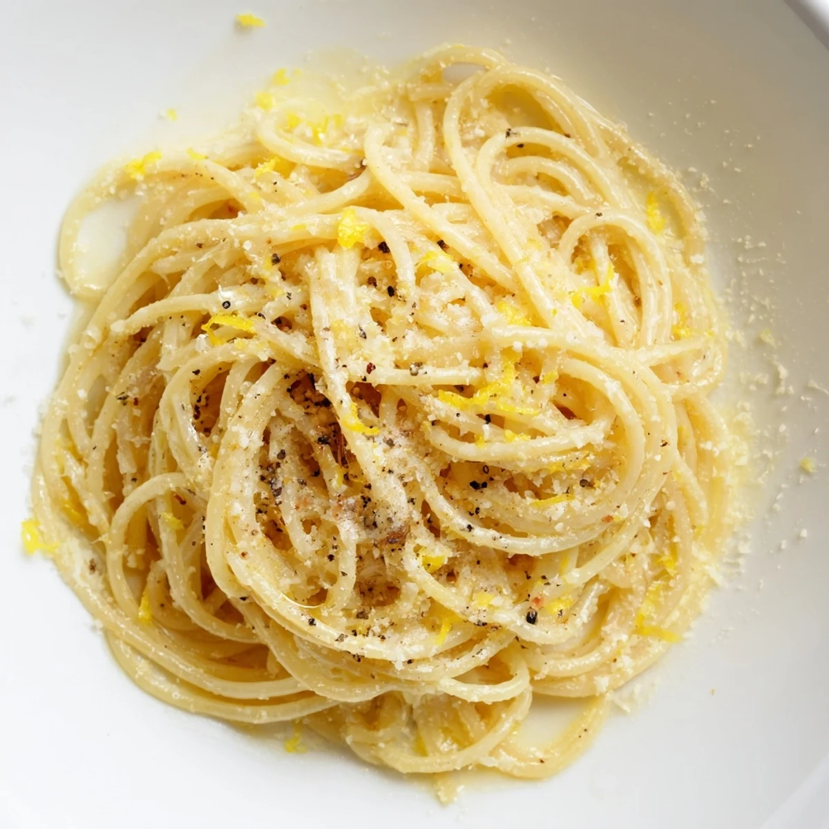 Golden strands of Parmesan Lemon Pasta glistening with olive oil and topped with extra grated cheese
