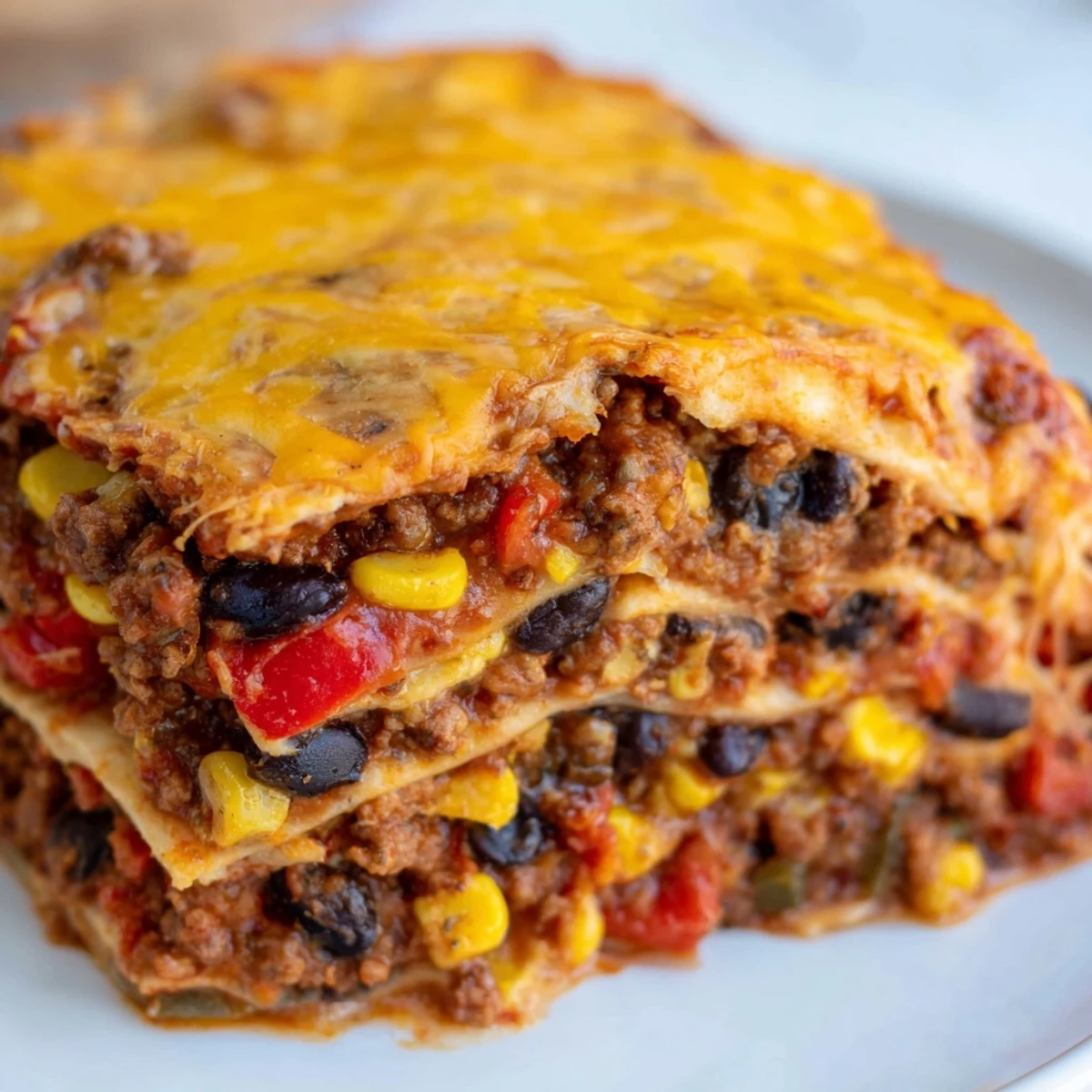 Golden bubbling Mexican lasagna with layers of seasoned beef beans and melted cheese