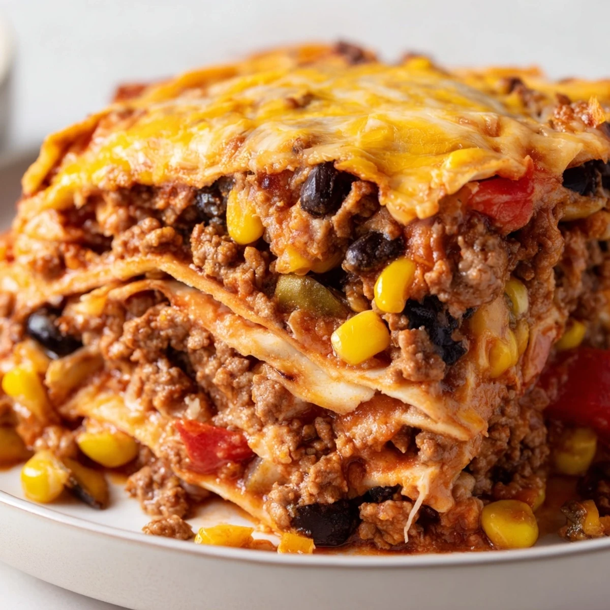 Mexican lasagna fresh from oven showing tortilla layers topped with gooey cheese