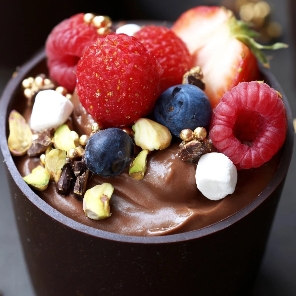 Decadent chocolate grazing cups filled with silky mousse and topped with vibrant fresh berries