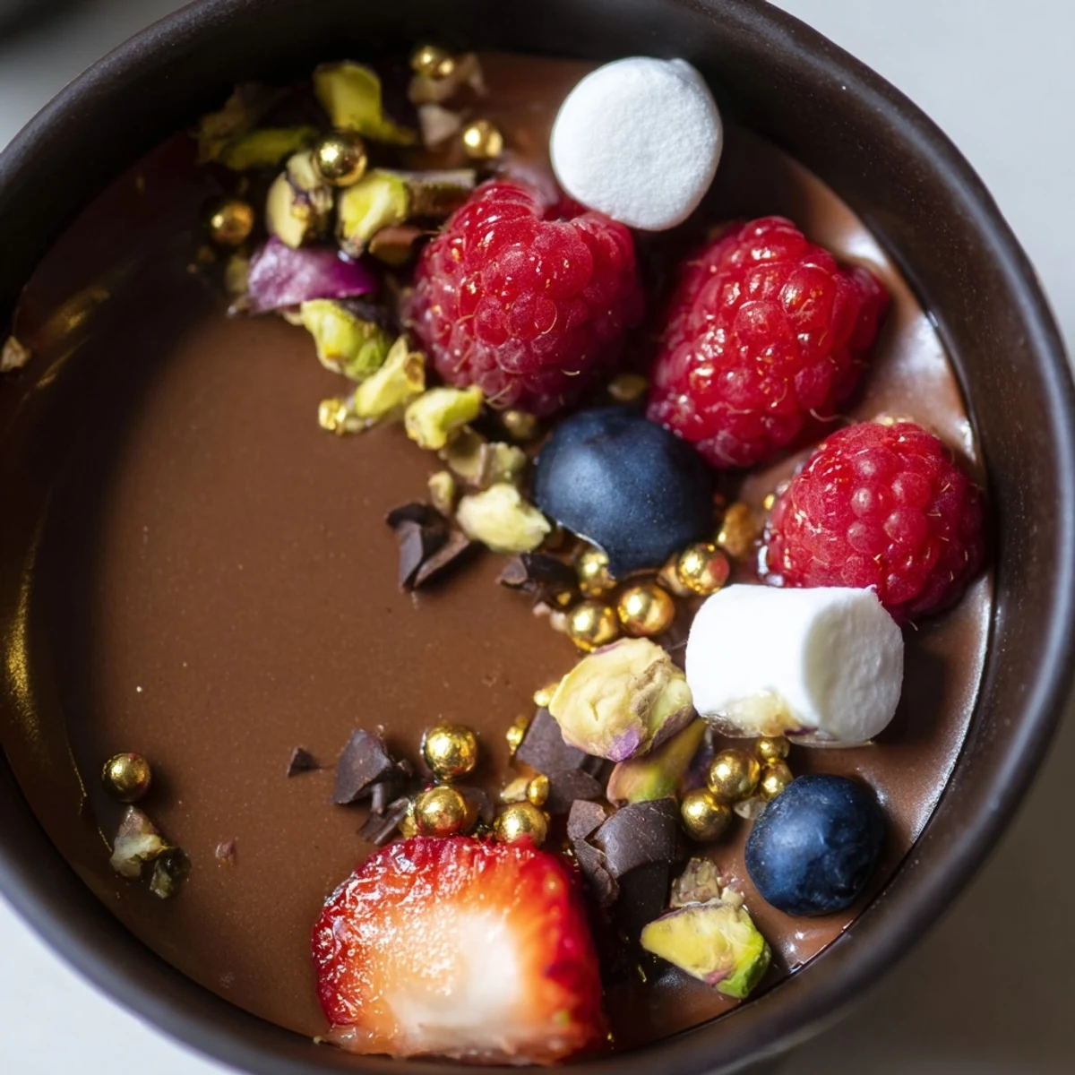 Rich chocolate grazing cups garnished with crunchy nuts, berries, and delicate chocolate curls