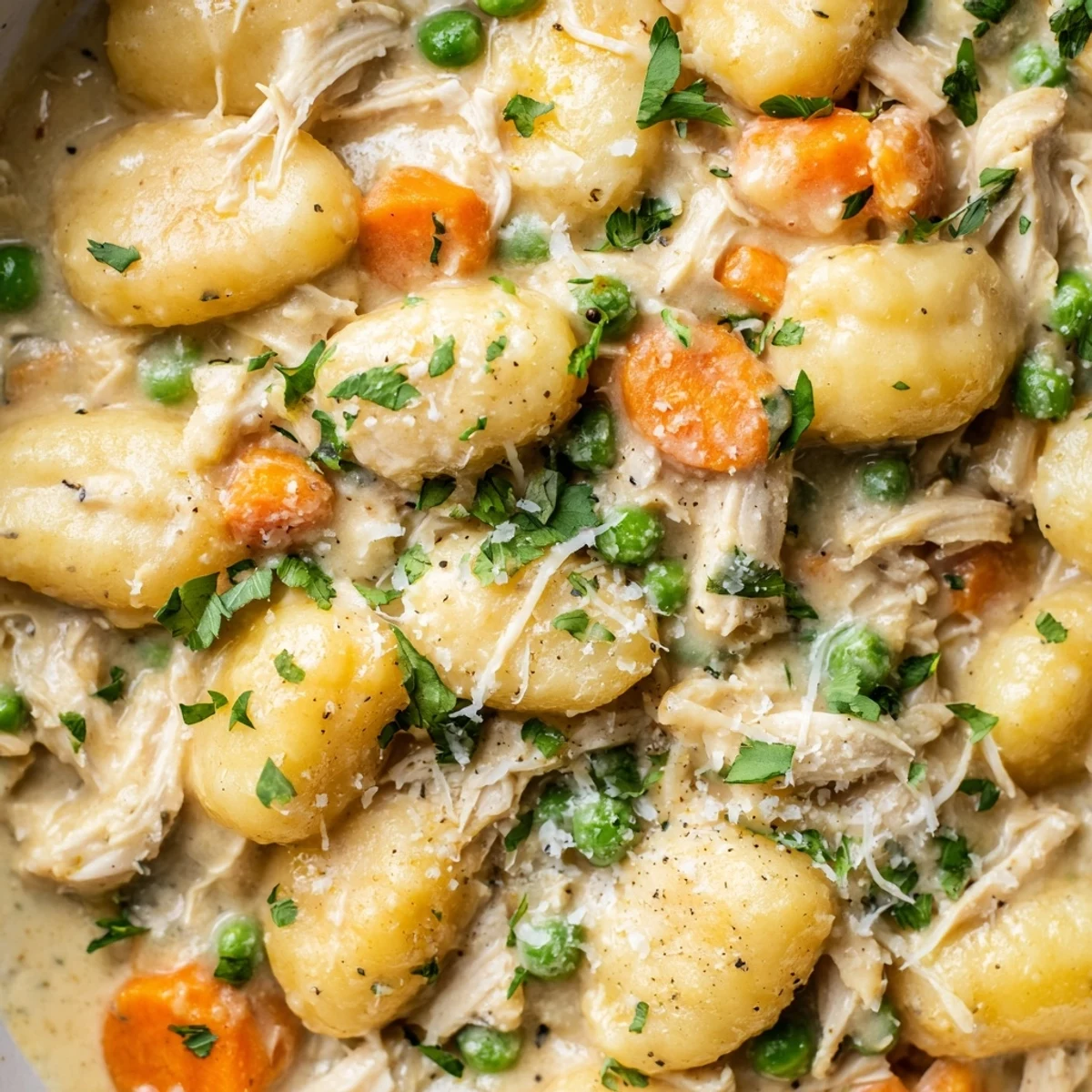 Creamy one pot gnocchi chicken pot pie with tender vegetables in golden savory sauce