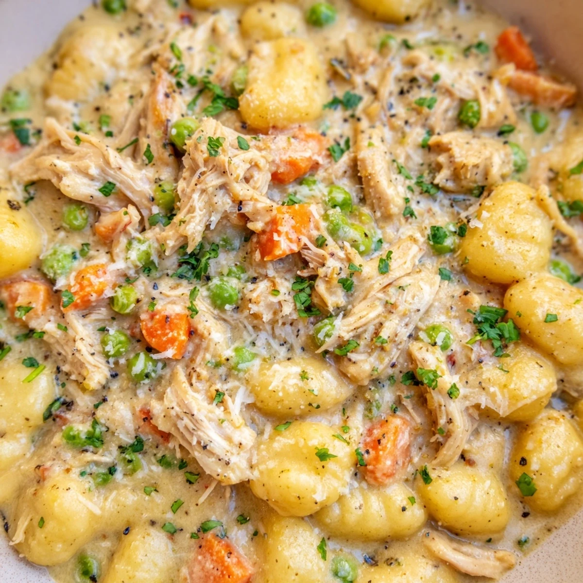 One pot gnocchi chicken pot pie topped with fresh parsley and parmesan cheese