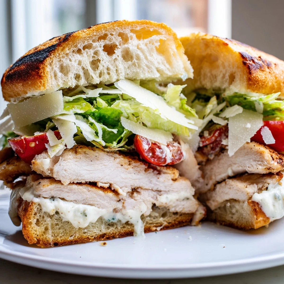 Juicy grilled chicken Caesar sandwich with crisp romaine and parmesan on golden toasted ciabatta