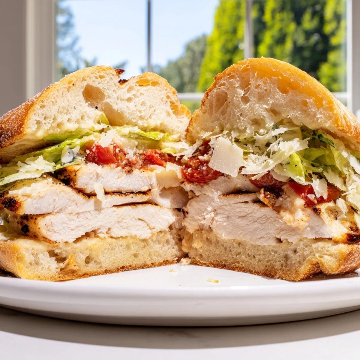 Toasted chicken Caesar sandwich layered with creamy dressing, fresh lettuce, and shaved parmesan cheese