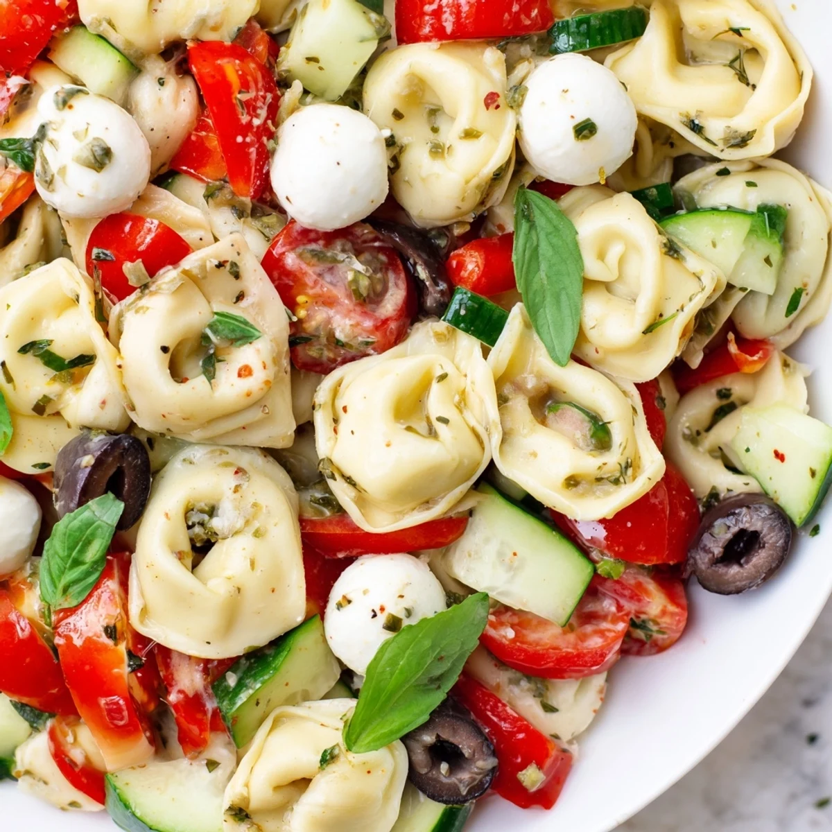 Colorful tortellini salad with cherry tomatoes, cucumbers, and mozzarella in Italian dressing