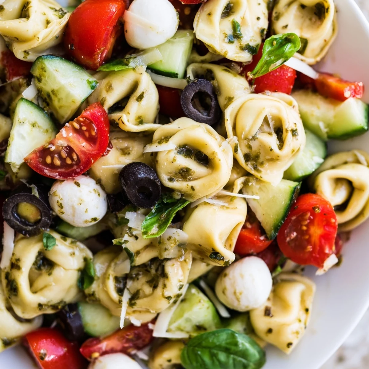 Creamy cheese tortellini salad tossed with crisp vegetables and herbs in bowl
