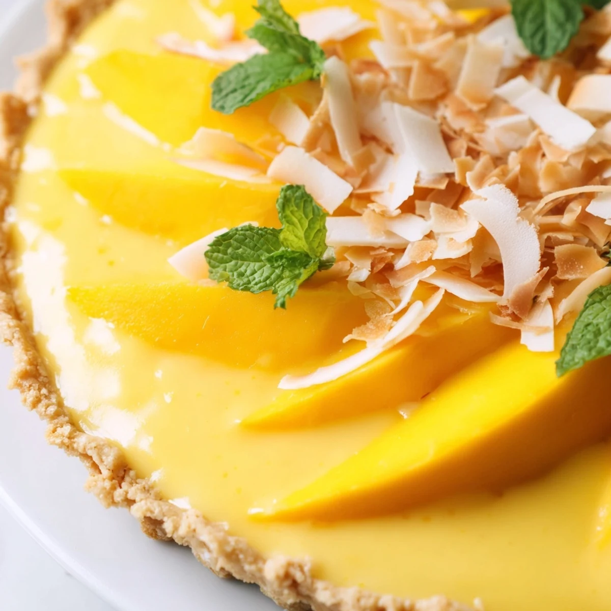 Golden mango curd tart slices arranged on a white serving plate with fresh mint garnish