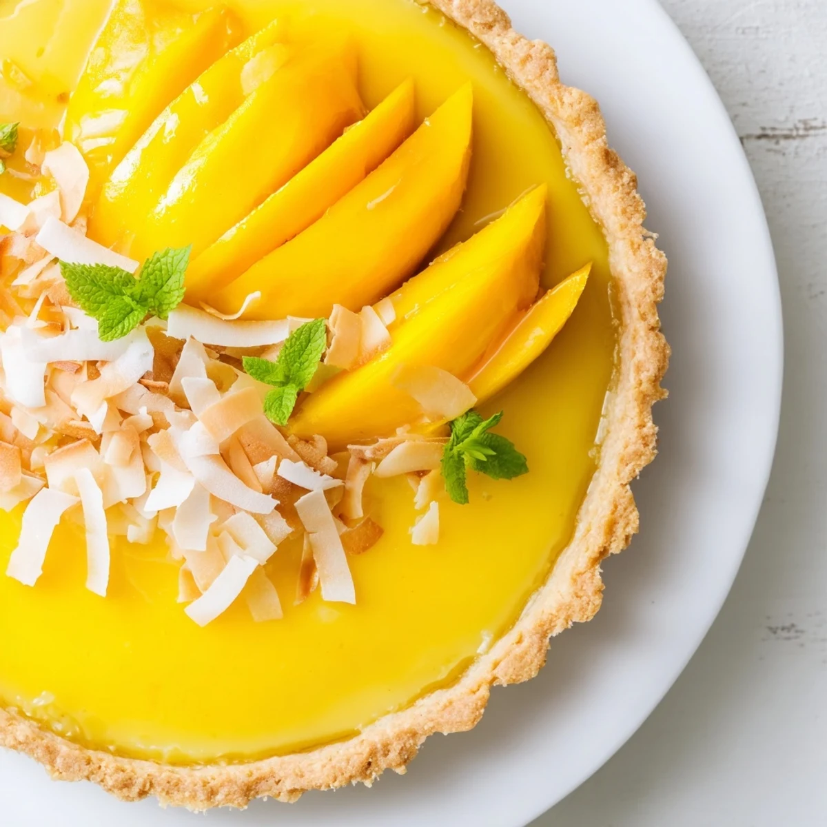 Creamy mango curd tart with buttery golden crust topped with tropical fresh fruit slices