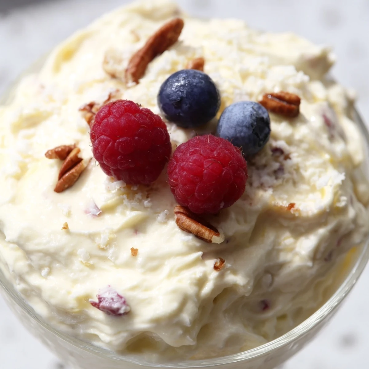 Creamy keto cheesecake fluff spooned into glasses and topped with fresh red berries